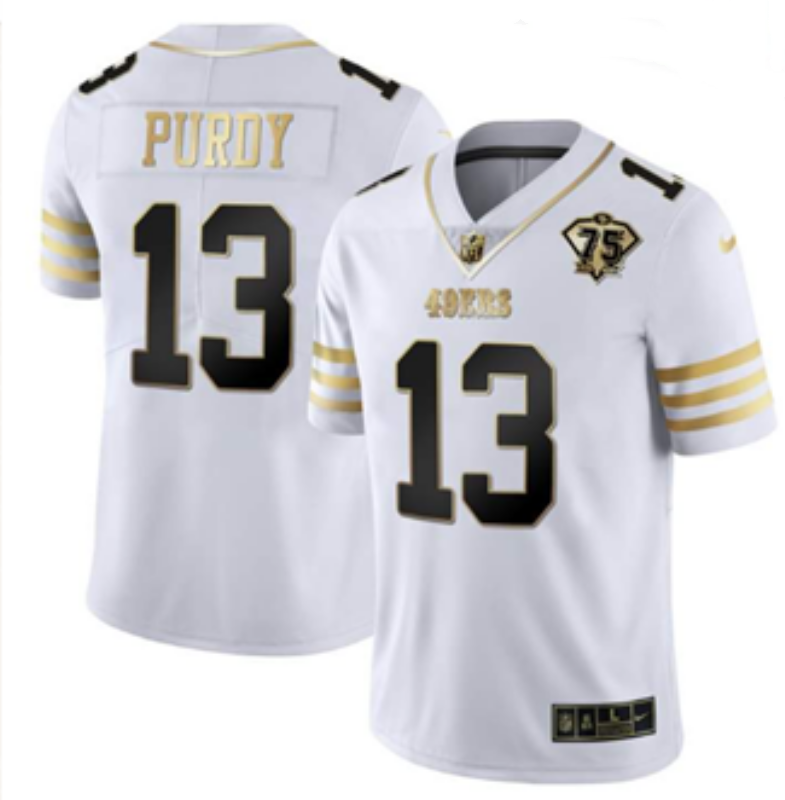 Men's San Francisco 49ers #13 Brock Purdy White Gold With 75th Patch Stitched Jersey